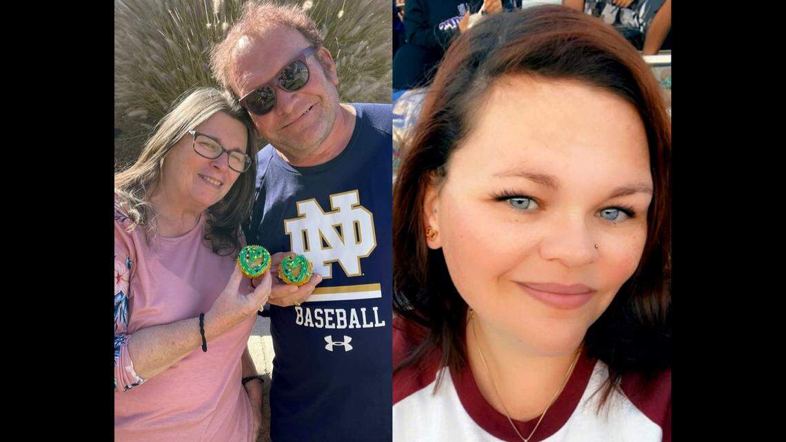 These undated photos provided by Mychelle Blandin show Mark and Sharon Winek on the left and Brooke Winek on the right.