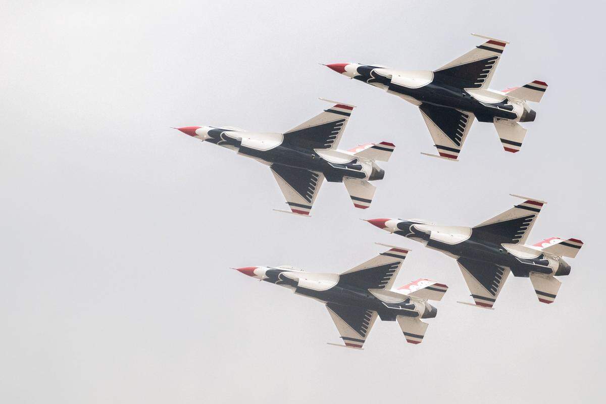 U.S. Air Force Thunderbirds fly in four-aircraft diamond formation during the California Capital Airshow at Mather Airport near Rancho Cordova on Saturday, July 13, 2024. This formation demonstrated the precision required for the U.S. Air Force Air Demonstration Squadron pilots to navigate their aircraft in such close proximity to one another.