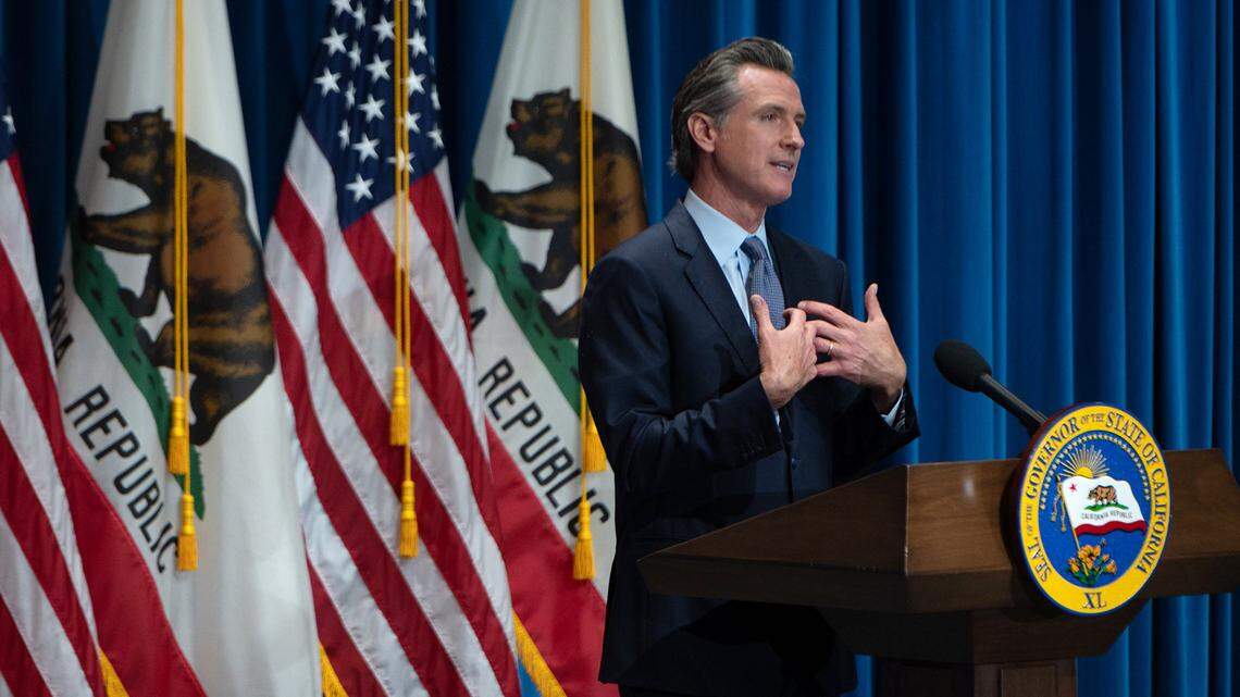 California Gov. Gavin Newsom delivers his revised May budget proposal at a press conference on Friday, May 14, 2021 in Sacramento.