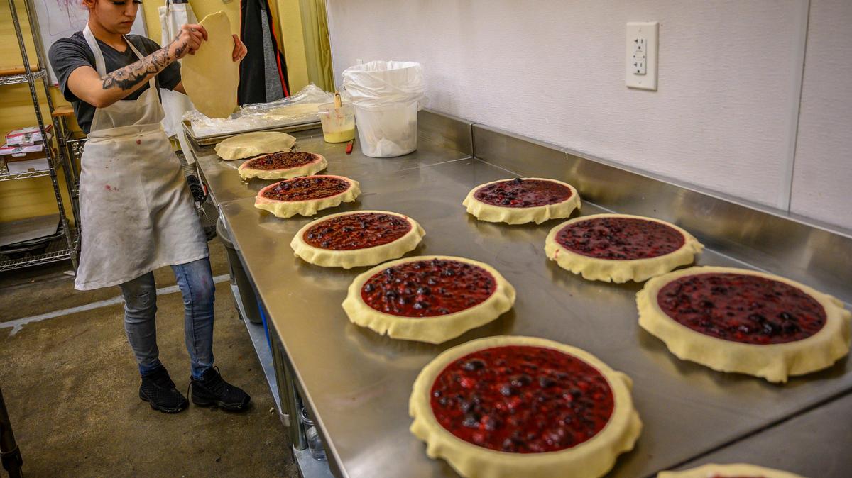 Baker Tonie Wood-Baker makes the popular Jumbleberry pie at the Real Pie Company on Friday, May 3, 2019 in Sacramento. Ingredients include four berries; cherry, raspberry, wild blueberry and marionberry.