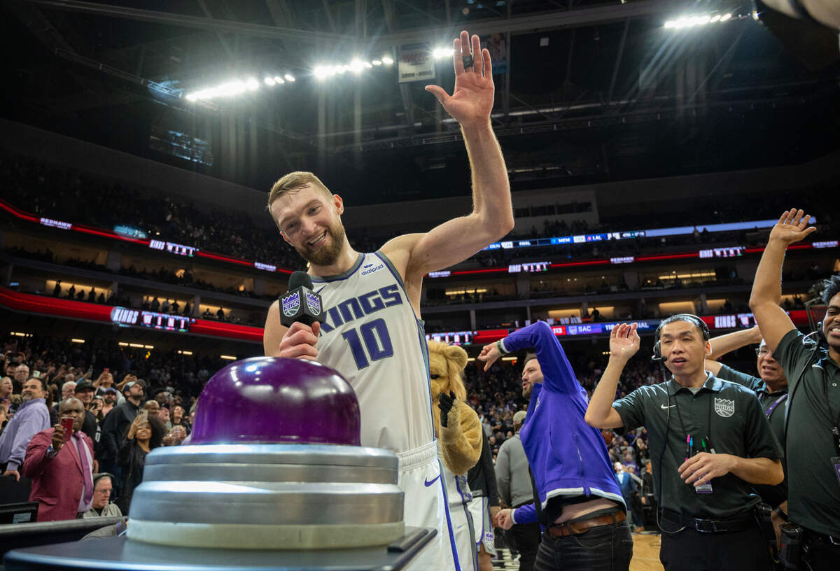 Sacramento Kings forward Domantas Sabonis (10) lights the beam after the Kings win 118-113 over the Oklahoma City Thunder at Golden 1 Center in Sacramento, Friday, Jan. 20, 2023.