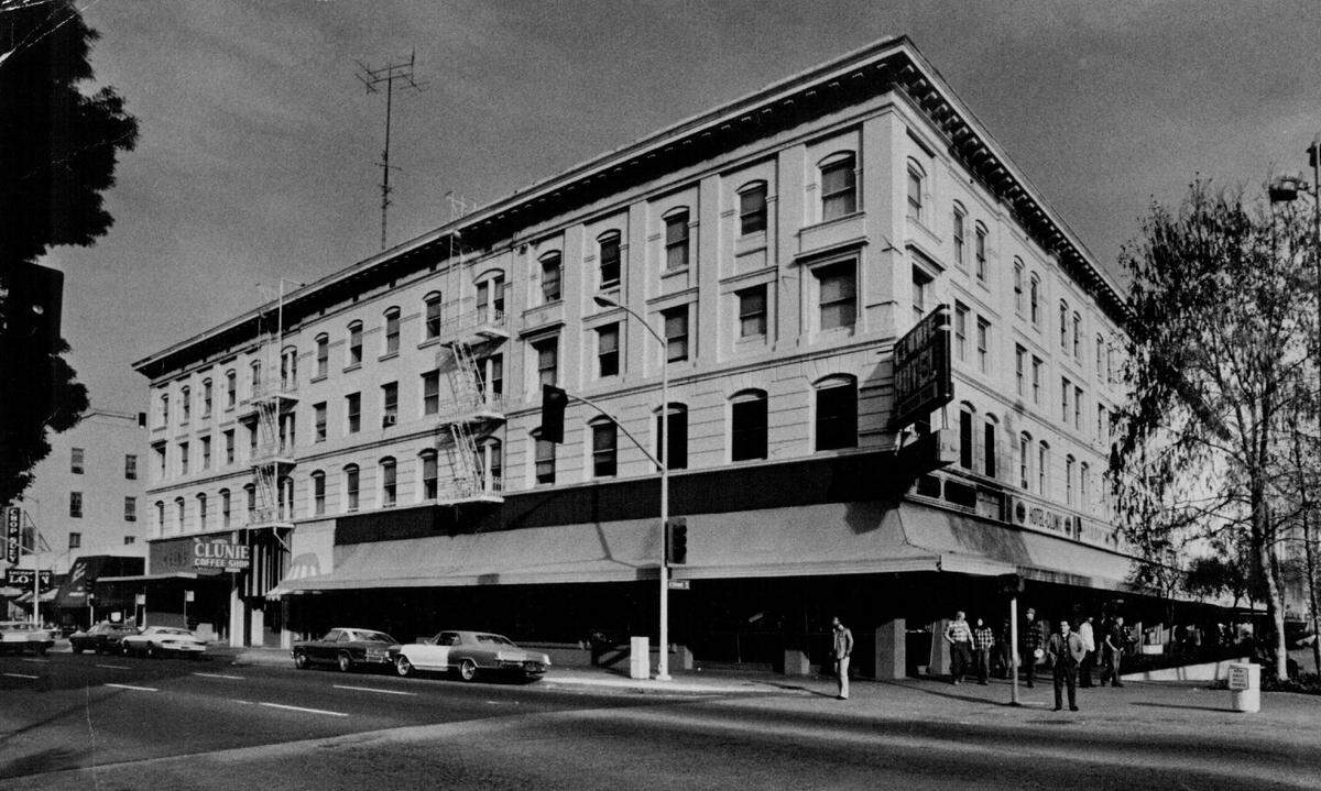 The Clunie Hotel stands at the corner of Eighth and K streets in 1979. The building was demolished to make way for the Renaissance Tower, which opened in 1989.