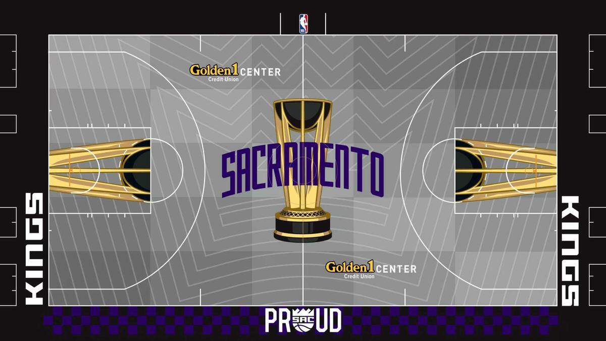 A look at the Sacramento Kings' custom court design for the 2025 NBA in-season tournament and Emirates NBA Cup.