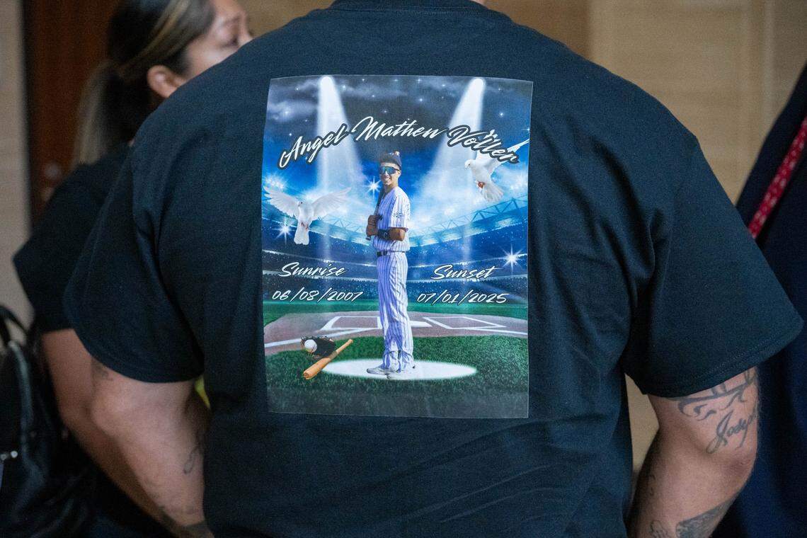 A family member of victim Angel Mathew Voller wears a T-shirt remembering him during an arraignment hearing for the Esparto fireworks explosion suspects in Yolo Superior Court in Woodland on Monday.
