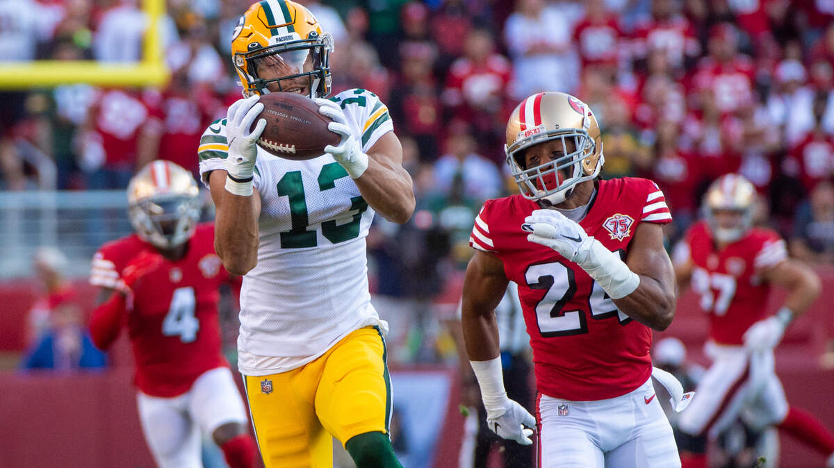 Green Bay Packers’ Allen Lazard (13) makes a pass reception defended by San Francisco 49ers’ K’Waun Williams (24) int he first quarter during a game at Levi’s Stadium on Sunday, September 26, 2021 in Santa Clara.