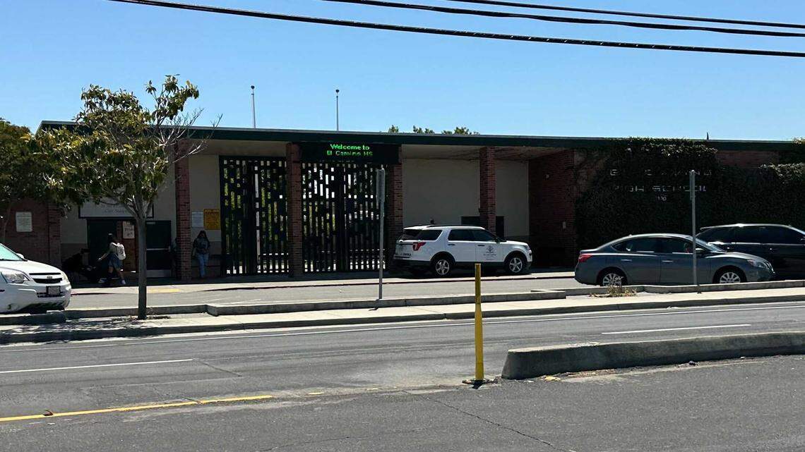 A San Juan Unified School District “Safe Schools” resource cruiser sits parked outside El Camino Fundamental High School in Arden Arcade on Tuesday, May 6, 2025. El Camino officials are investigating racial and anti-Semitic slurs found scrawled on restroom walls last week, administrators said in a letter to parents.