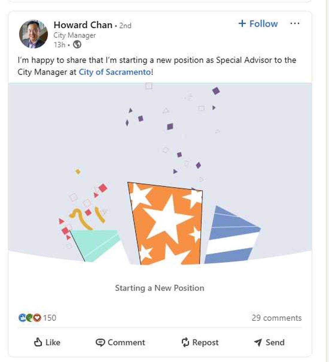 Howard Chan, former Sacramento city manager, announced Tuesday on his LinkedIn page that he’s starting a new job with the City of Sacramento.