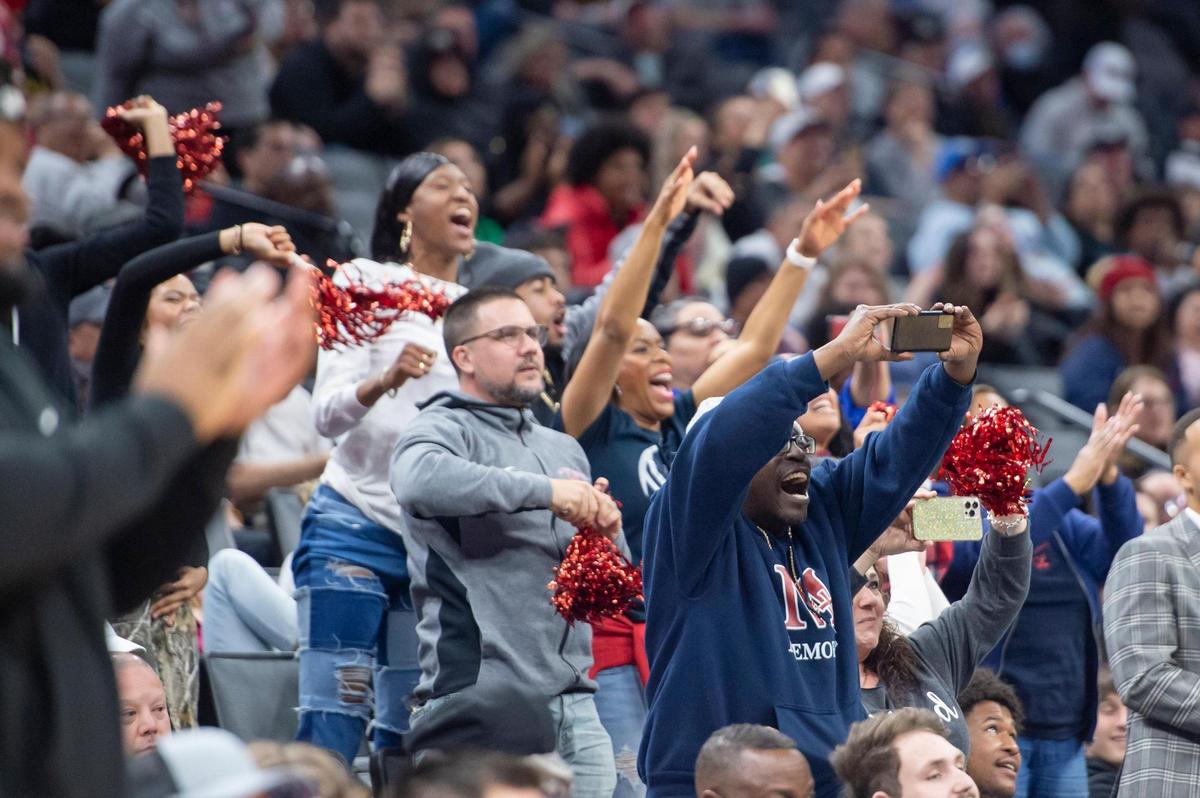 San Joaquin Memorial Panthers fans cheer during the last 11 seconds of the game in the CIF State Division II Boys Basketball Championship against the Pacifica Christian Tritons on Saturday, March 11, 2023, at Golden 1 Center in Sacramento. The Panthers defeated the Tritons 58-47.