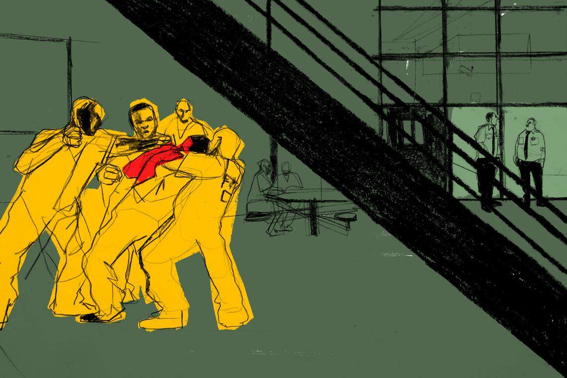 At least 18 correctional officers and staff responded when officers in the security station noticed a beating under a stairwell.