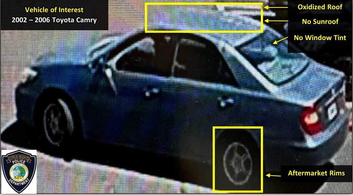 Investigators on Thursday Sept. 5, 2024, were searching for a blue 2002 to 2006 Toyota Camry with five-spoke rims and an oxidize roof, which police considered a “vehicle-of-interest” in an arson investigation stemming from a June 7, 2024, fire at a home in the 7500 block of Oak Grove Avenue in Citrus Heights, California.