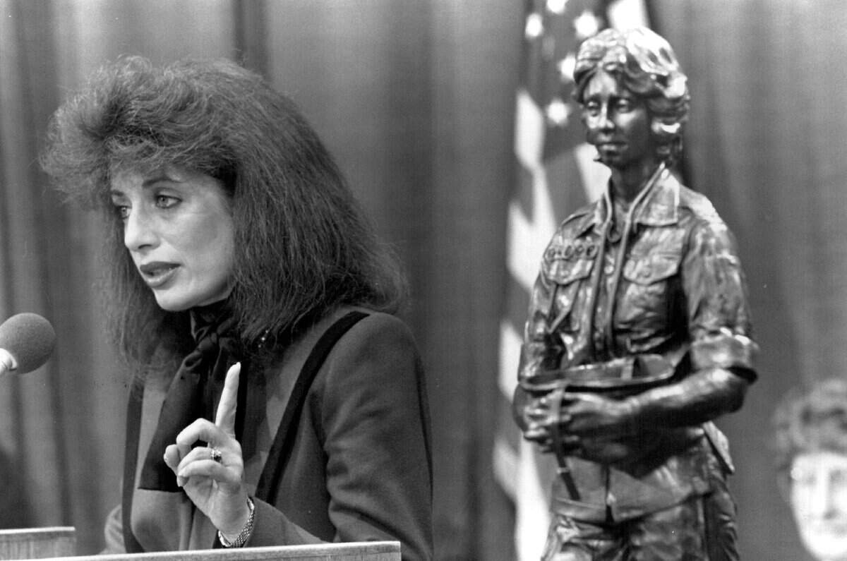 Assemblywoman Jackie Speier, D-South San Francisco, speaks at a news conference on Feb. 7, 1988, with a scale model of a proposed statue to honor women veterans at the Vietnam War Memorial in Washington, D.C. A resolution of support was approved by the Assembly 63-0.
