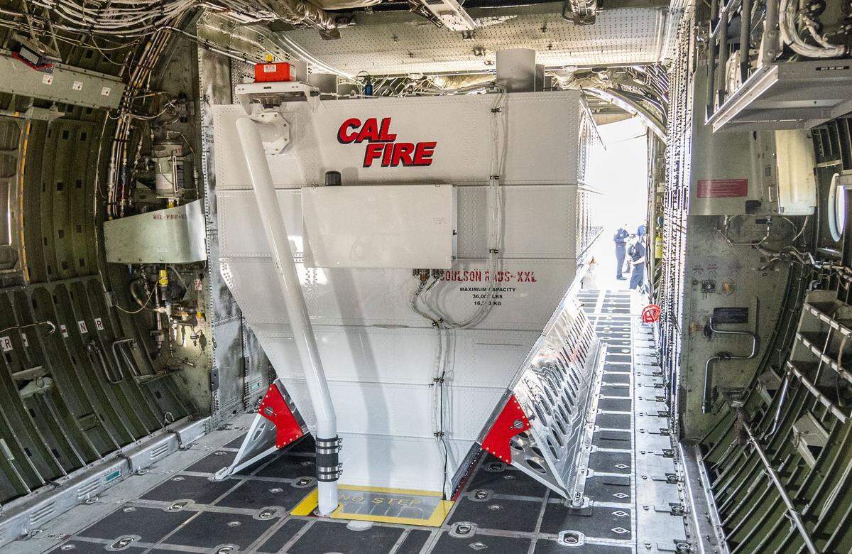 A 4,000-gallon tank installed in a Cal Fire C-130H is ready to douse wildfires on Thursday at McClellan Airport. Cal Fire first used a C-130H tanker on a live wildfire Sunday, on the Record Fire in Riverside County.