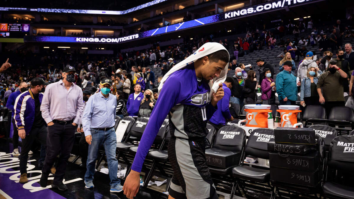 Sacramento Kings guard Tyrese Haliburton (0) walks to the locker room after the team’s 117-92 loss to the Los Angeles Lakers at the NBA basketball game Tuesday, Nov. 30, 2021, at Golden 1 Center in Sacramento.