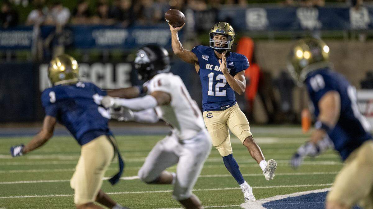 UC Davis Aggies quarterback Caden Pinnick, seen throws a pass against the Southern Utah Thunderbirds on Sept. 20 in Davis, threw five touchdowns in the Aggies’ 45-24 home win over the Northern Arizona Lumberjackson Saturday.