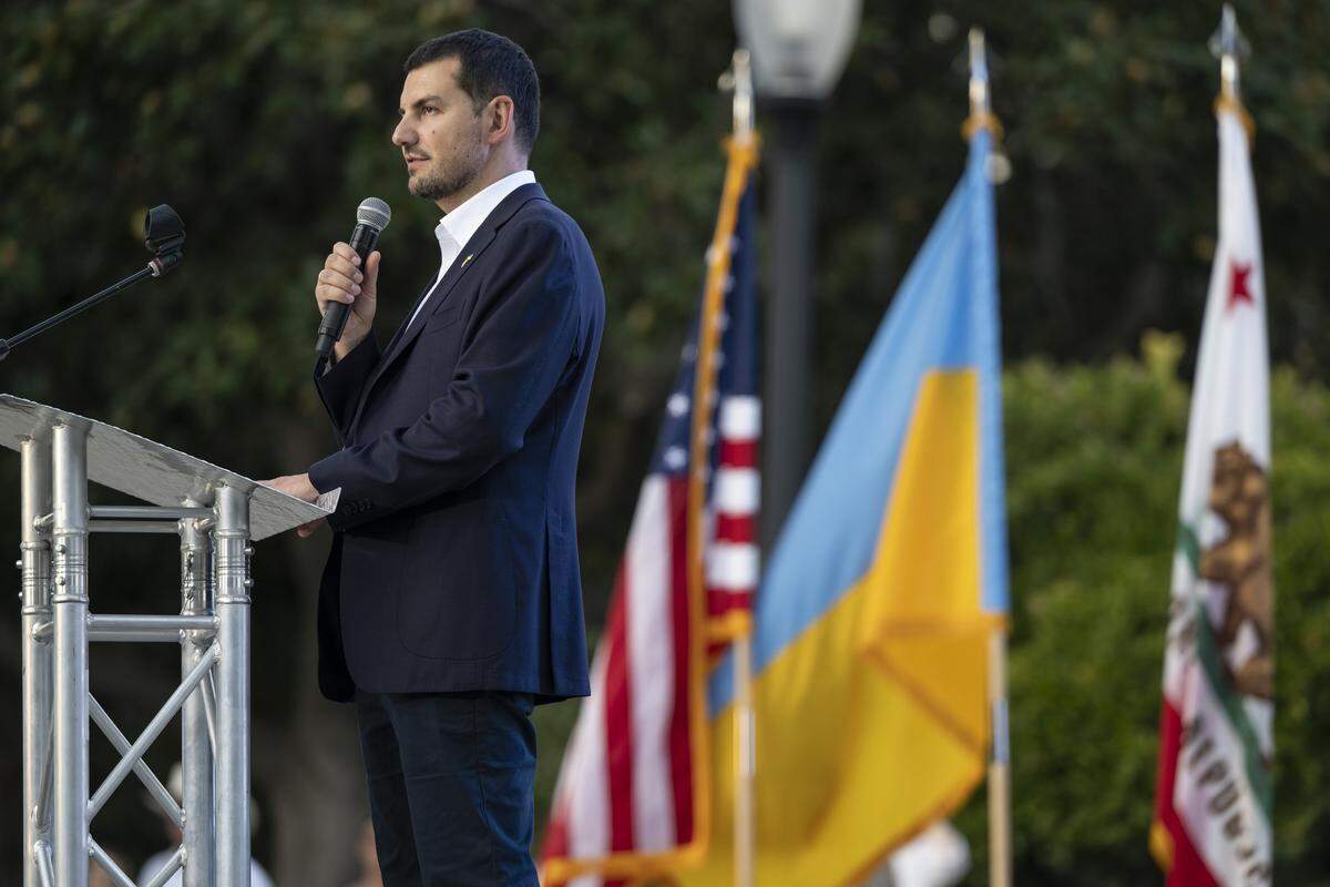 Dmytro Kushneruk, consul general of Ukraine in San Francisco, speaks during a Ukrainian Independence Day celebration at the California Capitol in Sacramento on Sunday.