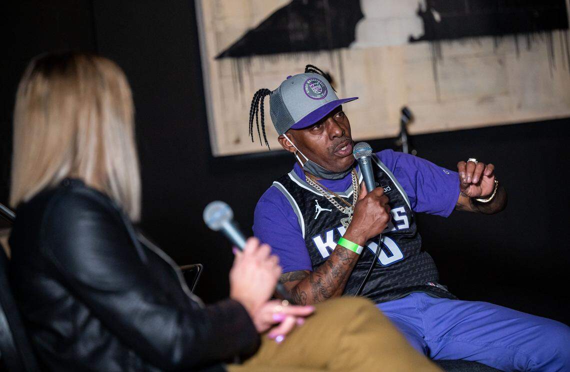 Rapper Coolio chats with Maritza Davis, the Sacramento Kings’ vice president of experiences and social responsibility, in Golden 1 Centers music recording studio on Wednesday, Feb. 2, 2022, before the Kings game against the Brooklyn Nets in Sacramento. Coolio spoke about dreaming big and planning for the future during the event, which tipped off the organizations Black History Month celebration, and was attended by representatives from local nonprofits including the NAACP, Improve Your Tomorrow and the Sacramento Housing Alliance. Kings owner Vivek Ranadivé sat down with Coolio briefly to talk about the franchises commitment to social justice.