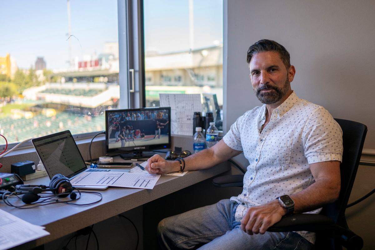 San Francisco Giants announcer F.P. Santangelo prepares for a game in the broadcast booth at Sutter Health Park before the Athletics and the San Fransisco Giants play on Saturday. Santangelo played for both teams during his major league career.