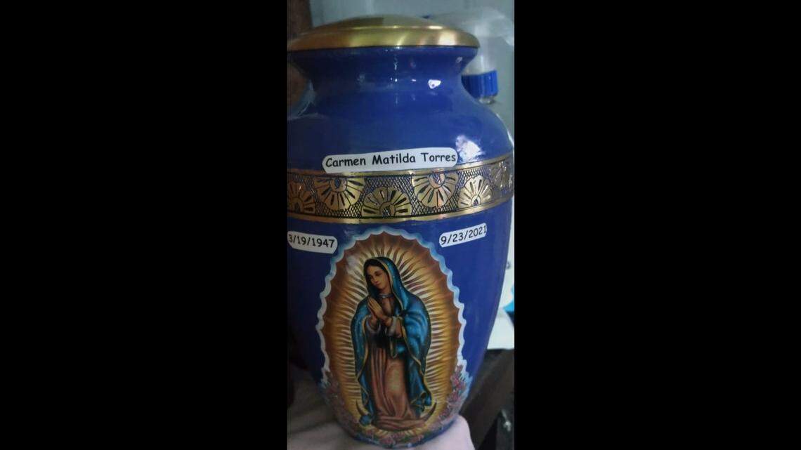 In this photo, an urn for 74-year-old Carmen Matilda Torres is shown. She died on Sept. 23, 2021, and her ashes were mixed up by two funeral homes in New Mexico and scattered by another family.