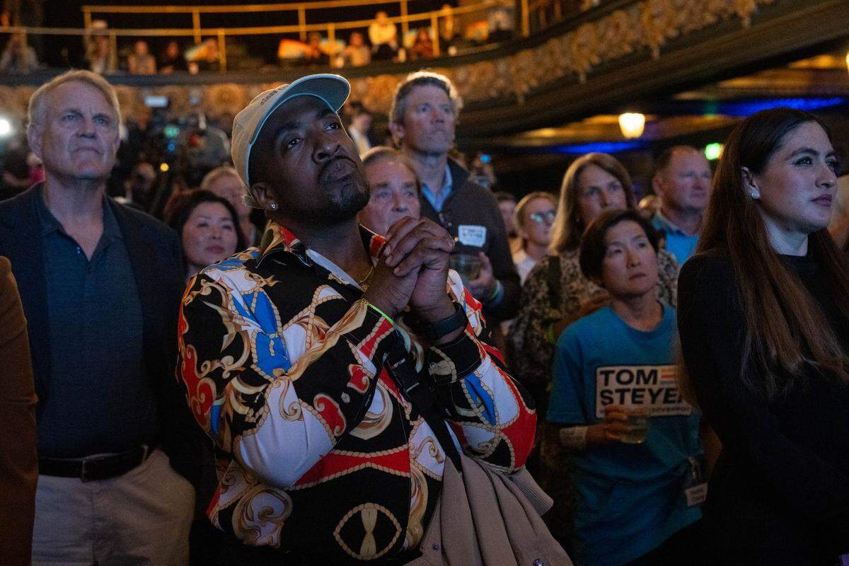 California gubernatorial candidate Tom Steyer’s supporters listen to his speach during a election night watch party on Tuesday, June 2, 2026, at the Regency Ballroom in San Francisco.
