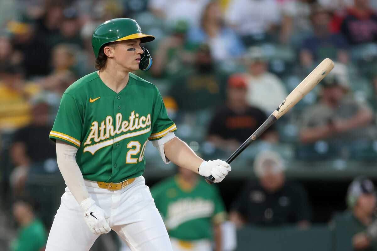 Zack Gelof bats for the Athletics against the Kansas City Royals at Sutter Health Park on April 29 in West Sacramento. The Giants and A’s will face off for the second and final time this season from Tuesday to Thursday.