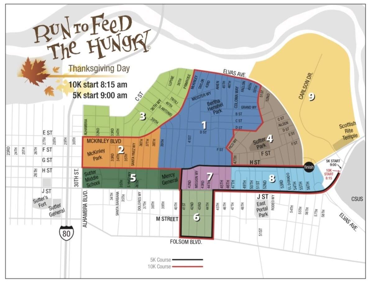 Sacramento Food Bank and Family Services 2022 Run to Feed the Hungry zone map.
