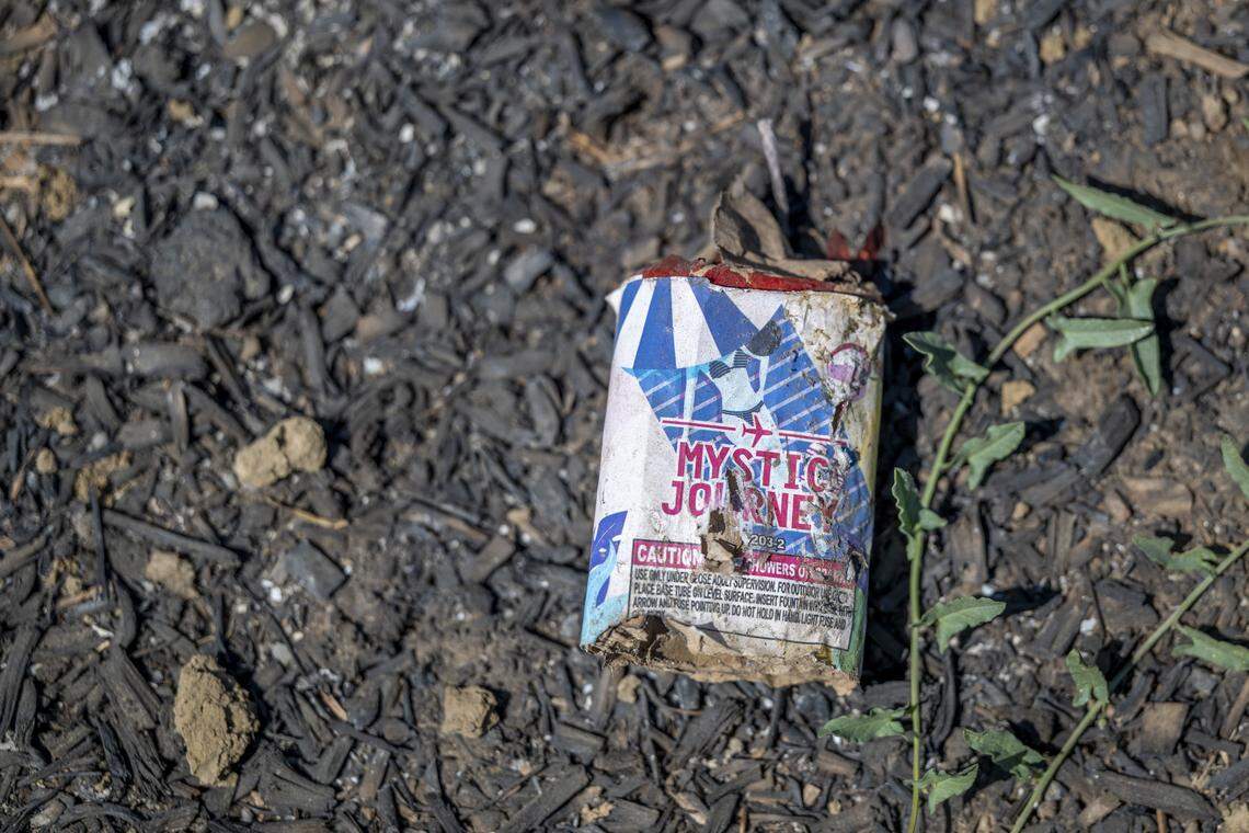 The remnants of a firework rests near the site of the Devastating Pyrotechnics explosion in Esparto a few weeks after the July explosion.