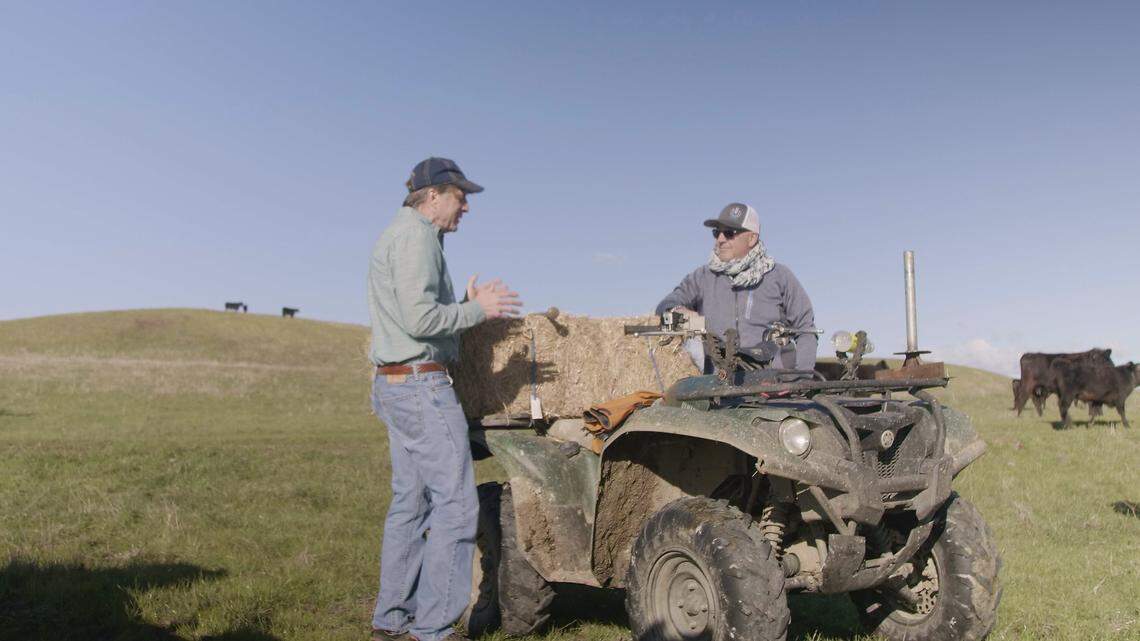 Andrew Zimmern listens to Stan Van Vleck discuss his family's history at Van Vleck Ranch in Rancho Murieta. Zimmern visited Van Vleck Ranch while filming an episode of "Bizarre Foods" that airs Tuesday at 9 p.m. on the Travel Channel.
