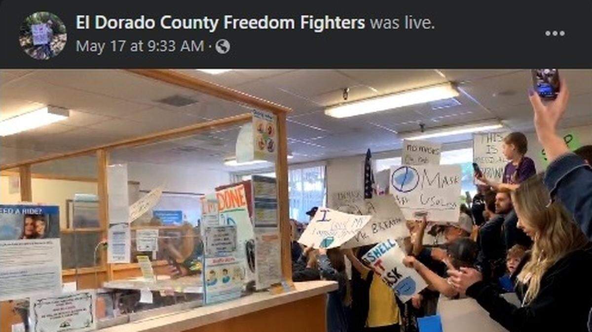 Dozens of child protests and several adults accompanying them flooded into the lobby of the El Dorado County health office in Placerville, on Monday, May 17, 2021, to protest mask requirements in schools, as seen on a video streamed live to Facebook by activists. County leaders put out a statement later in the week asking the public to redirect their concern to the state.