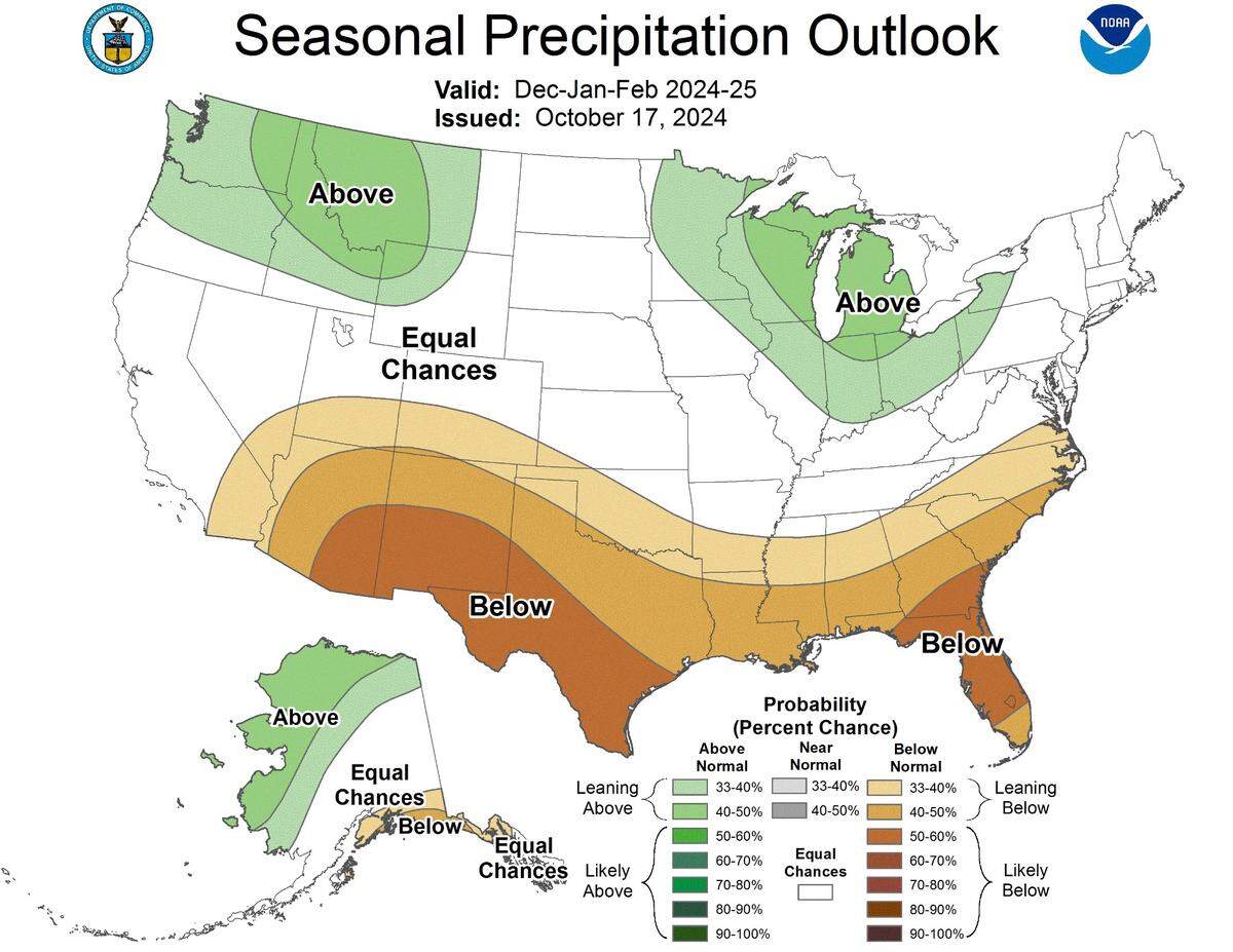 The 2024-2025 U.S. Winter Outlook map for precipitation shows wetter-than-average conditions are most likely across the Great Lakes region of the U.S.. Drier-than-average conditions are forecast for parts of the U.S. Gulf Coast.