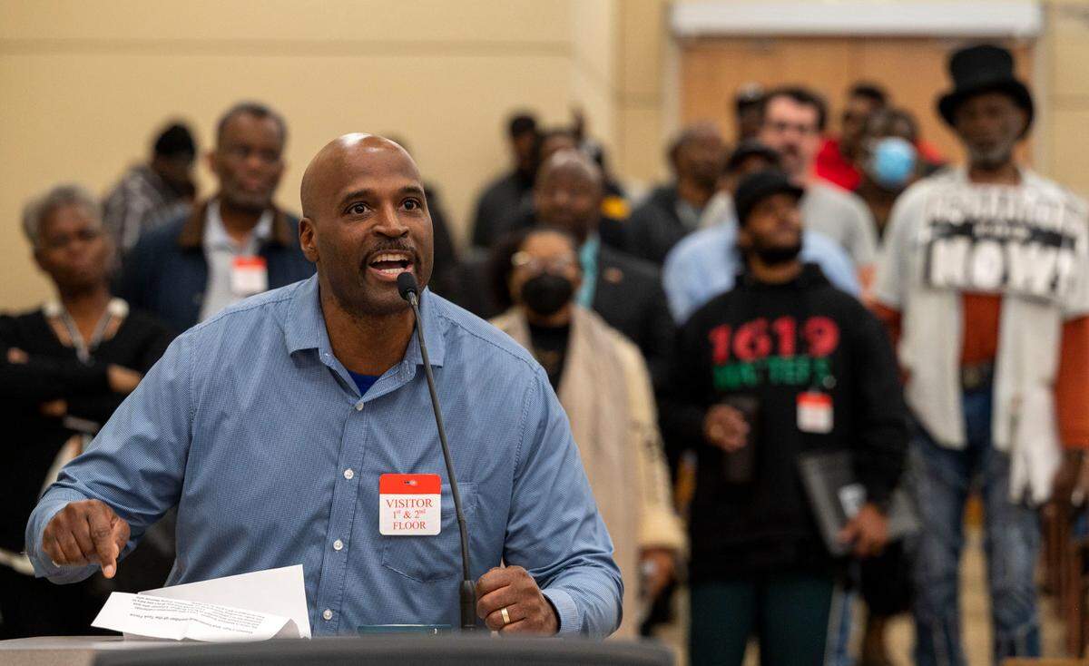 Matthew Burgess of Sacramento talks to California’s Reparations Task Force in March 2023.