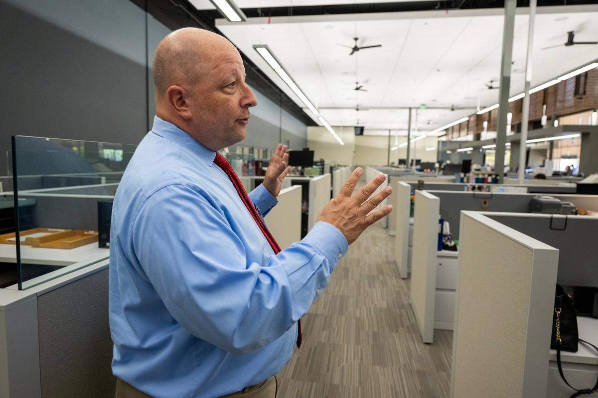 Ryan Ronco, Placer County’s clerk recorder and registrar of voters, shows the back office space at the Elections Office in Rocklin on July 26, 2024. The office moved from Auburn to the new facility last year.
