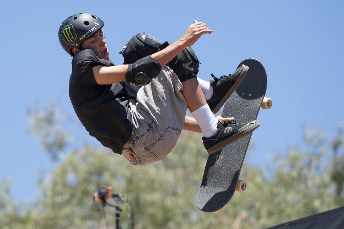 Egoitz Bijueska, of Span, gets his chain tangled on his face as competes in the Moonpay Men’s Skateboard Vert final as a part of X Games Sacramento at Cal Expo in Sacramento on Sunday, June 28, 2026.
