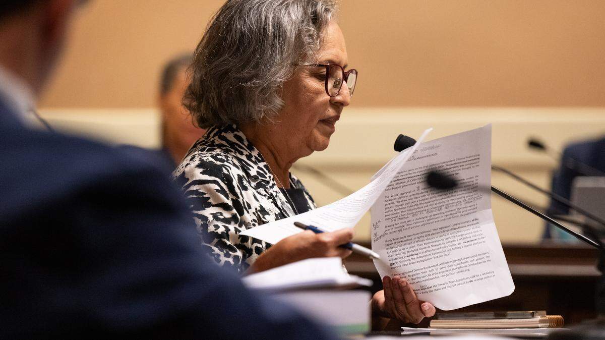 Jeanne Raya, who served on the first California Citizens Redistricting Commission in 2010, speaks against the current proposal to redistrict the state during an Assembly Elections Committee hearing at the state Capitol on Tuesday.