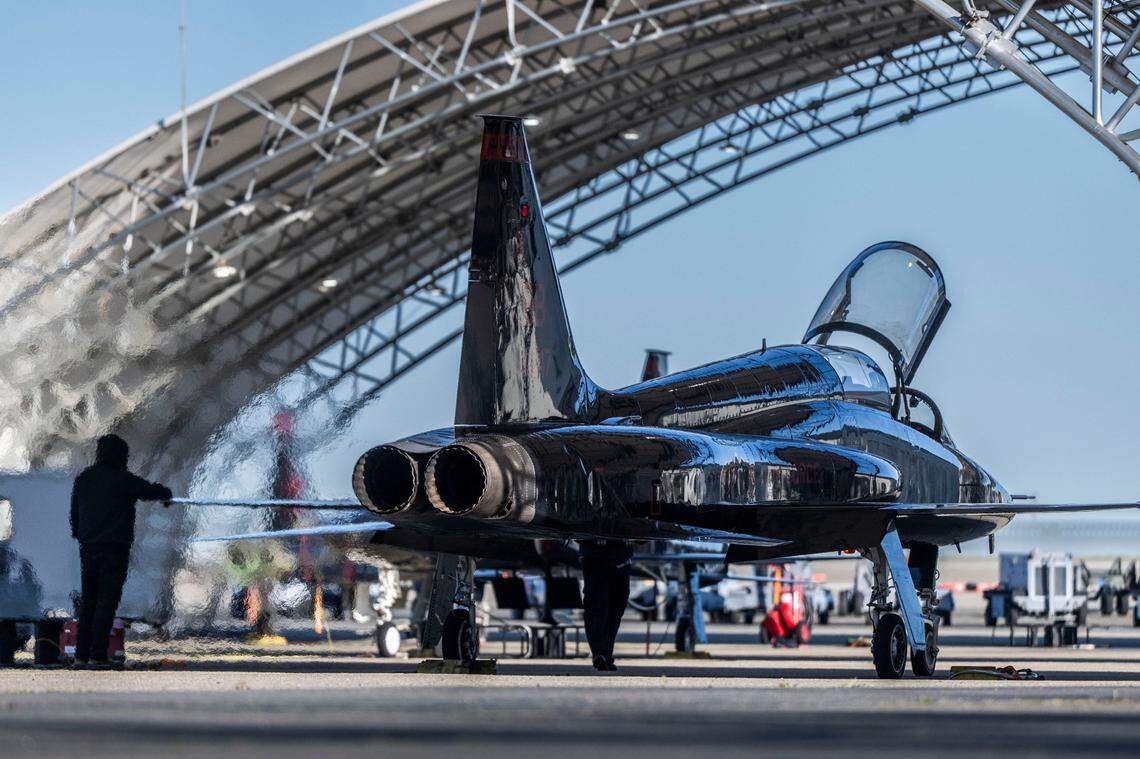 A T-38 Talon is prepared for a flight at Beale Air Force Base on Wednesday, April 2, 2025.