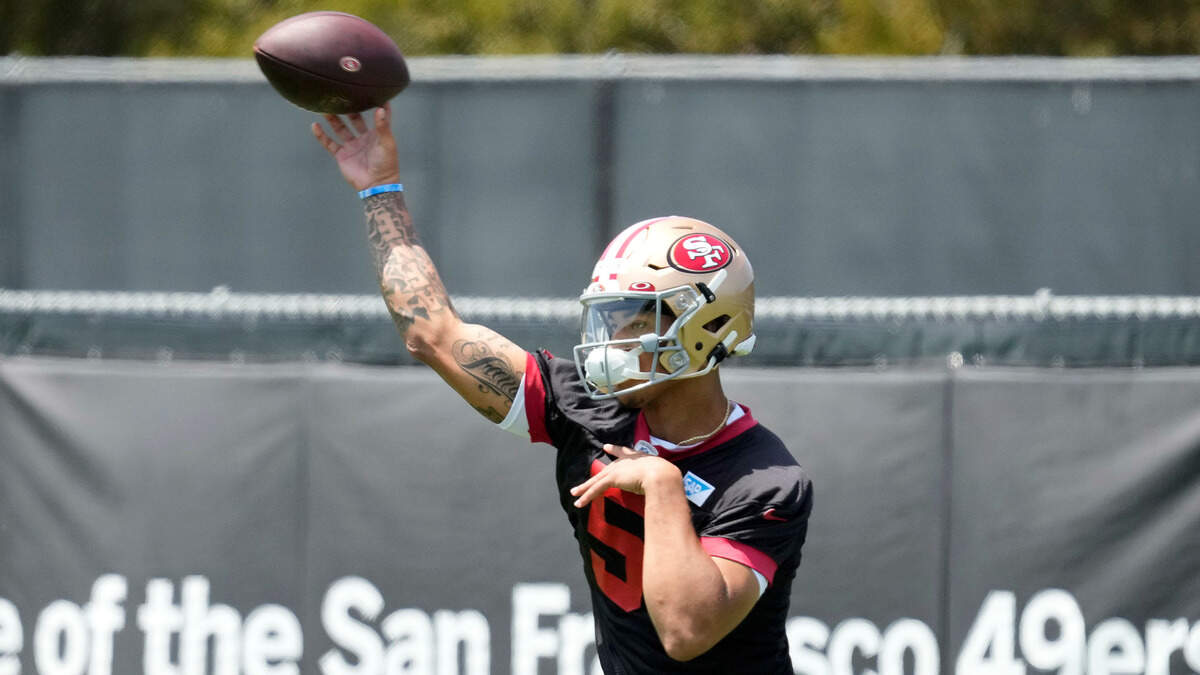 San Francisco first-round draft pick Trey Lance throws during the team’s rookie minicamp Friday.