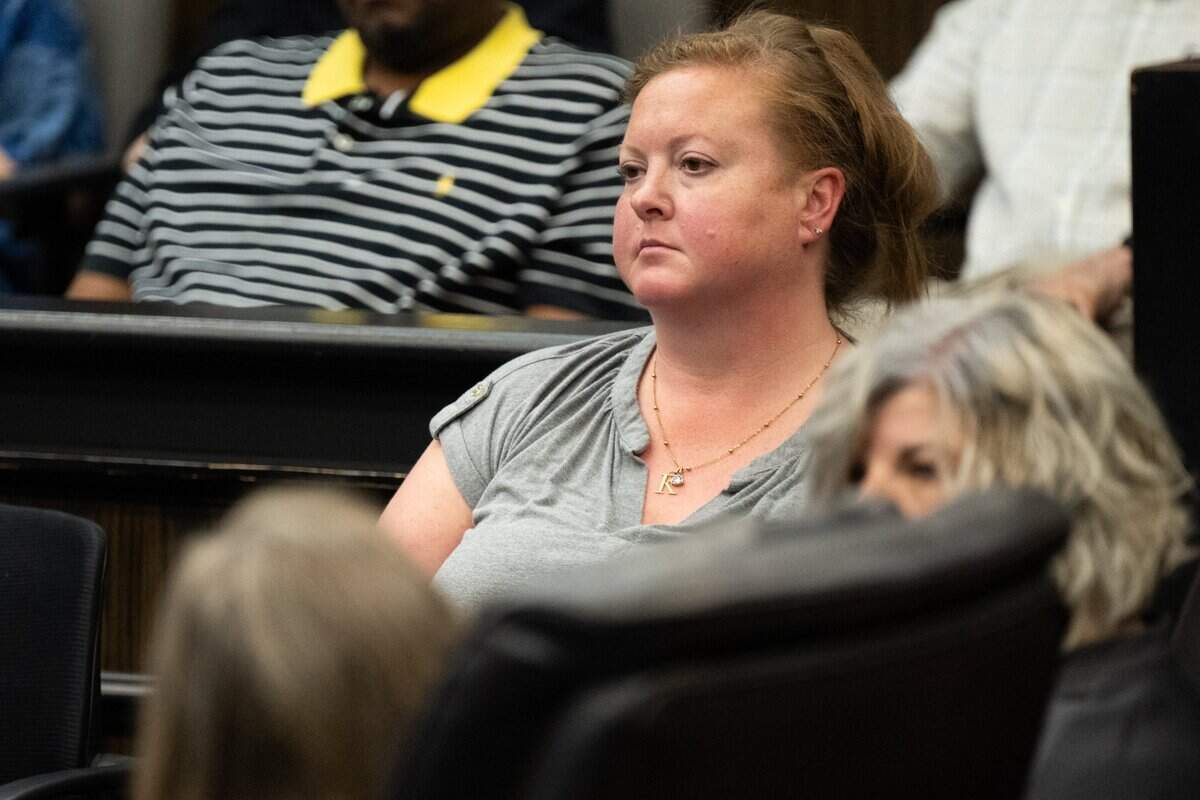 Teacher Kimberly Wohlwend, center, sits with administrator Cindy Keller and principal Staranne Meyers of the now-closed Guiding Hands School on Monday during a sentencing hearing at El Dorado Superior Court in Placerville in the case of the restraint death of student Max Benson.