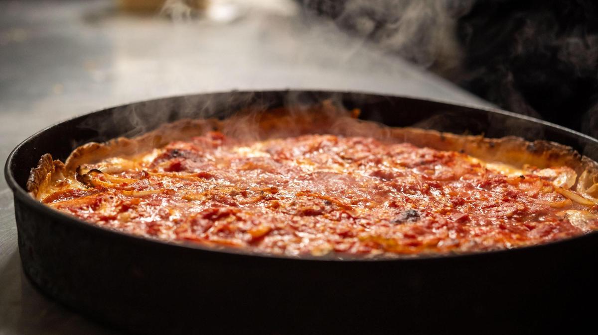 A Zelda’s Original Gourmet Pizza Chicago-style deep dish pizza is ready to served in 2020.