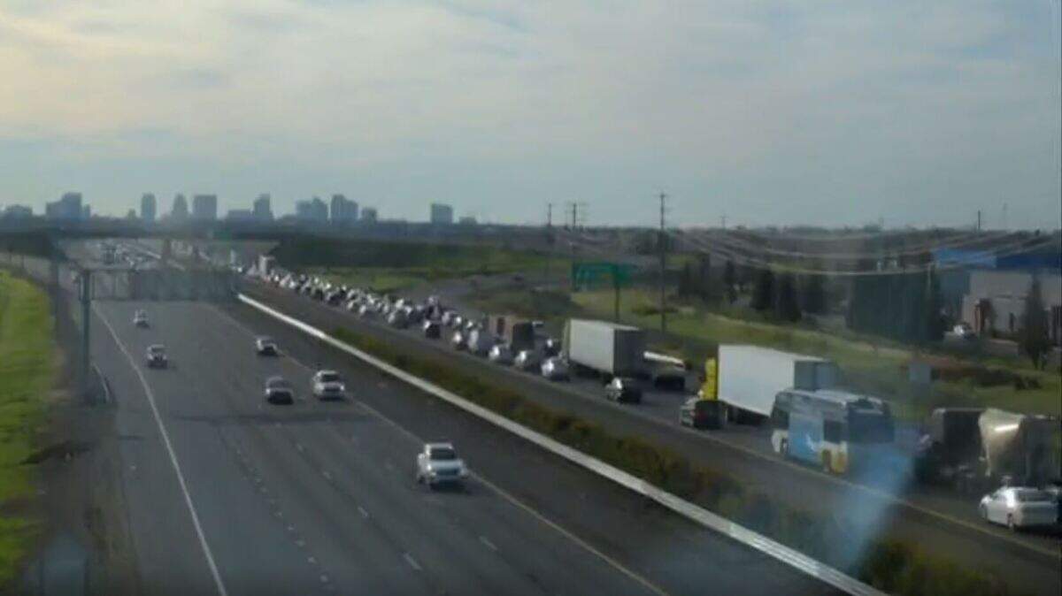 Traffic backs up near Del Paso Road after a crash south of Arena Boulevard on Interstate 5 around 9 a.m. Wednesday. Jan. 29, 2020.
