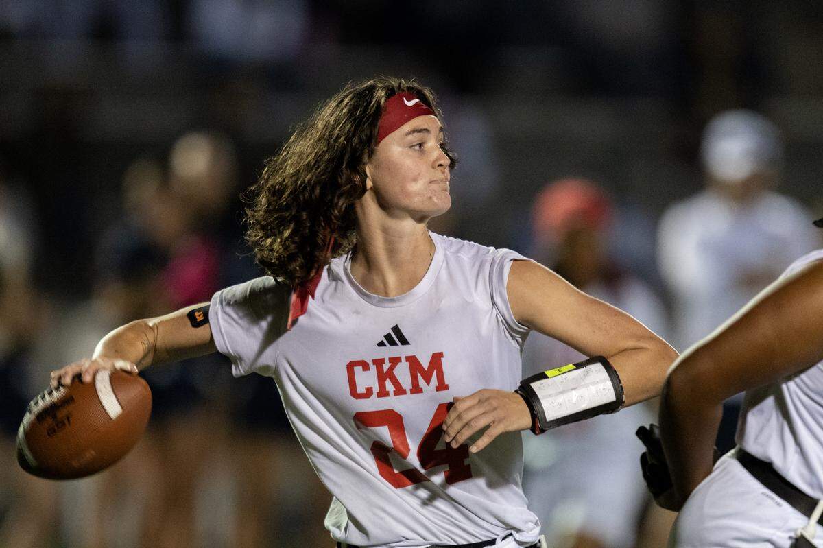 McClatchy Lions quarterback Daisy Throckmorton drops back to pass in the CIF Sac-Joaquin Division I Section Championship game against the West park Panthers in November.