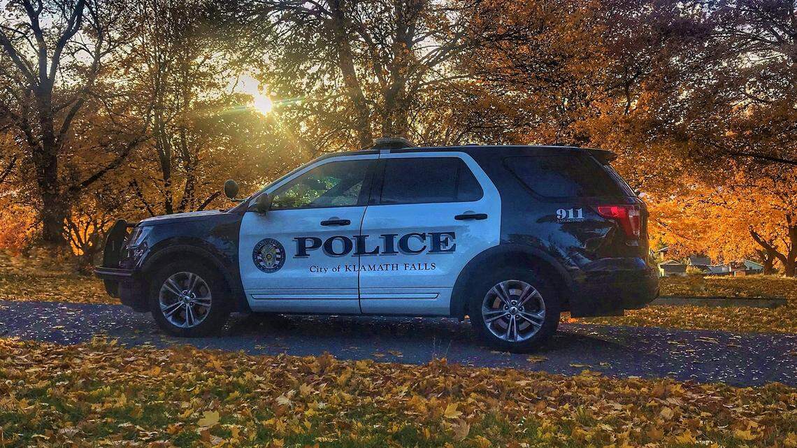 In this October 21, 2019, photo, a Klamath Falls Police Department patrol car is shown. A former Klamath Falls officer resigned after he was caught stealing drugs from an evidence room, overdosing on them and then crashing his police car on Nov. 27, 2020.