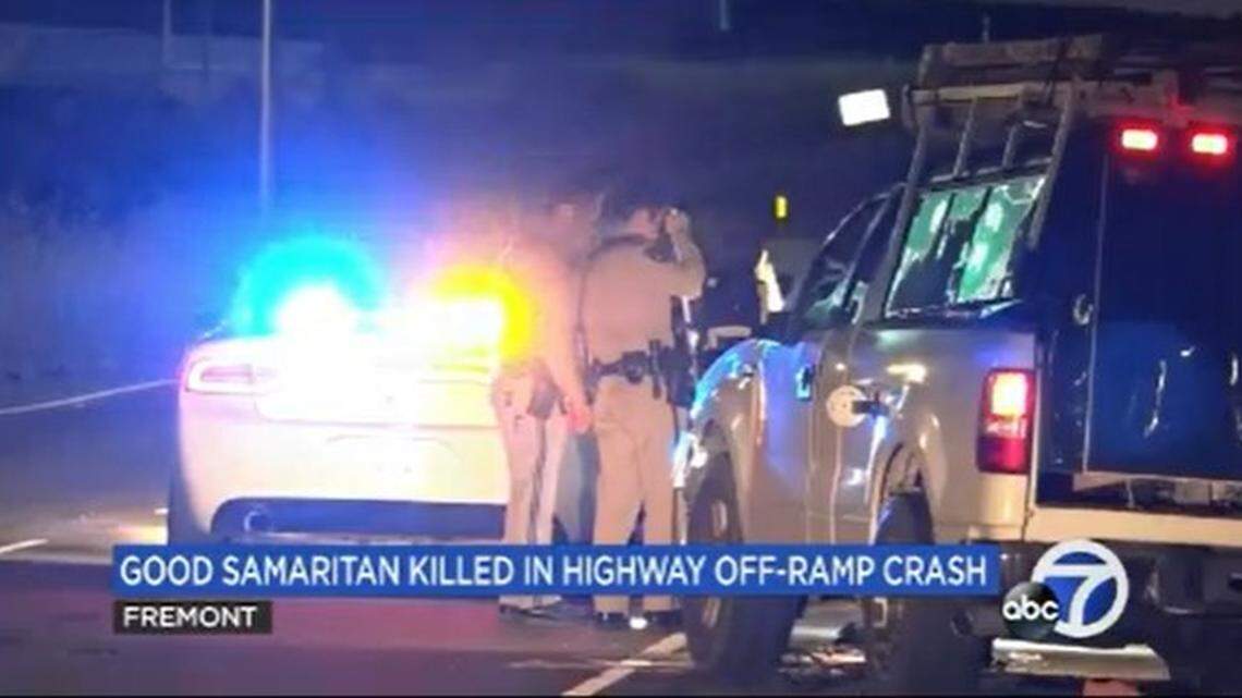 A woman died in a hit-and-run crash after stopping on a Fremont highway to assist another driver, the California Highway Patrol says.