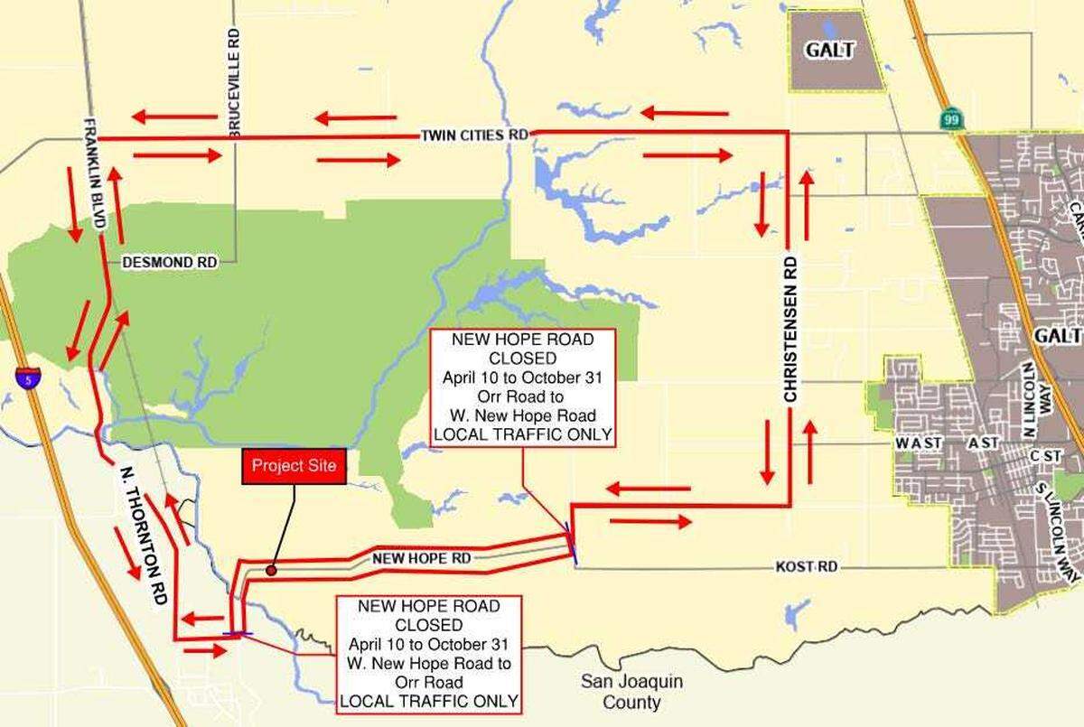 A section of New Hope Road will be closed Friday through at least Nov. 30, 2026 for the about $4.5 million project that includes the bridge reconstruction. During the closure, posted signs will direct east and westbound motorists on detours using surrounding streets, including Franklin Boulevard, Twin Cities Road and Christensen Road.