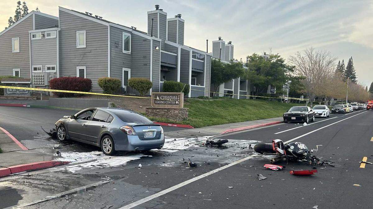 A motorcycle and a car collided outside the Chesapeake Commons apartments in Rancho Cordova on Sunday, April 6, 2025. The motorcyclist was killed and police suspect the driver may have been under the influence at the time of the crash.
