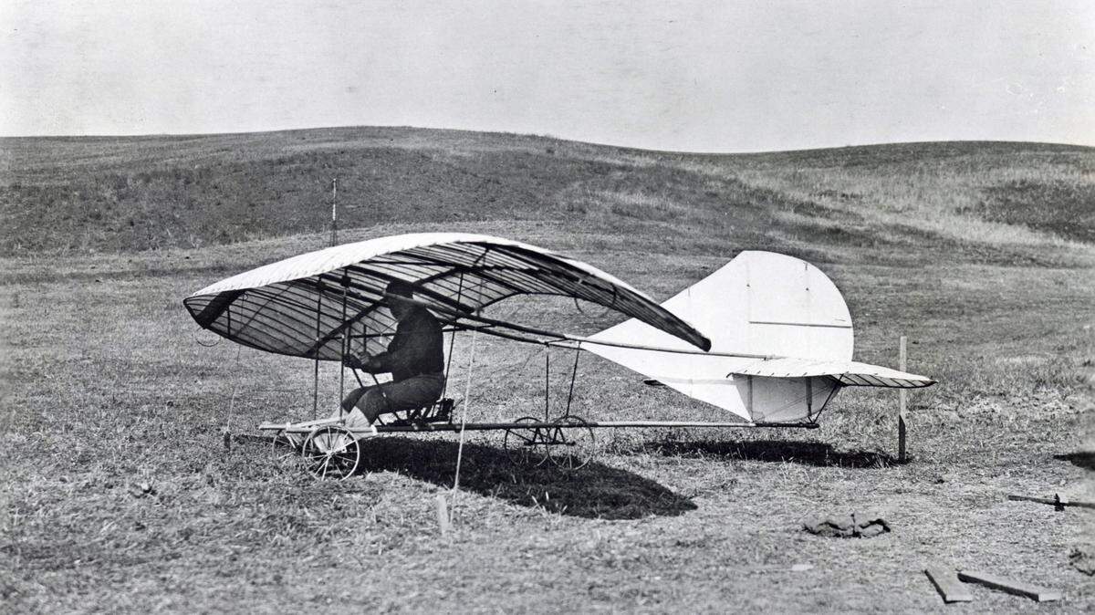 John J. Montgomery sits at the controls of his 1911 monoplane glider, in which he flew about 50 times in Evergreen Valley in San Jose. Montgomery, a native of Sutter County, is a key California historical figure and is considered a leading pioneer in aviation.