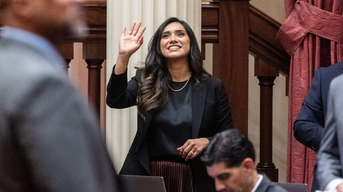 State Sen. Sabrina Cervantes, D-Riverside, waves to guests before being sworn in at the state Capitol in 2024. Cervantes authored a bill to prevent California State University faculty from being replaced by artificial intelligence.