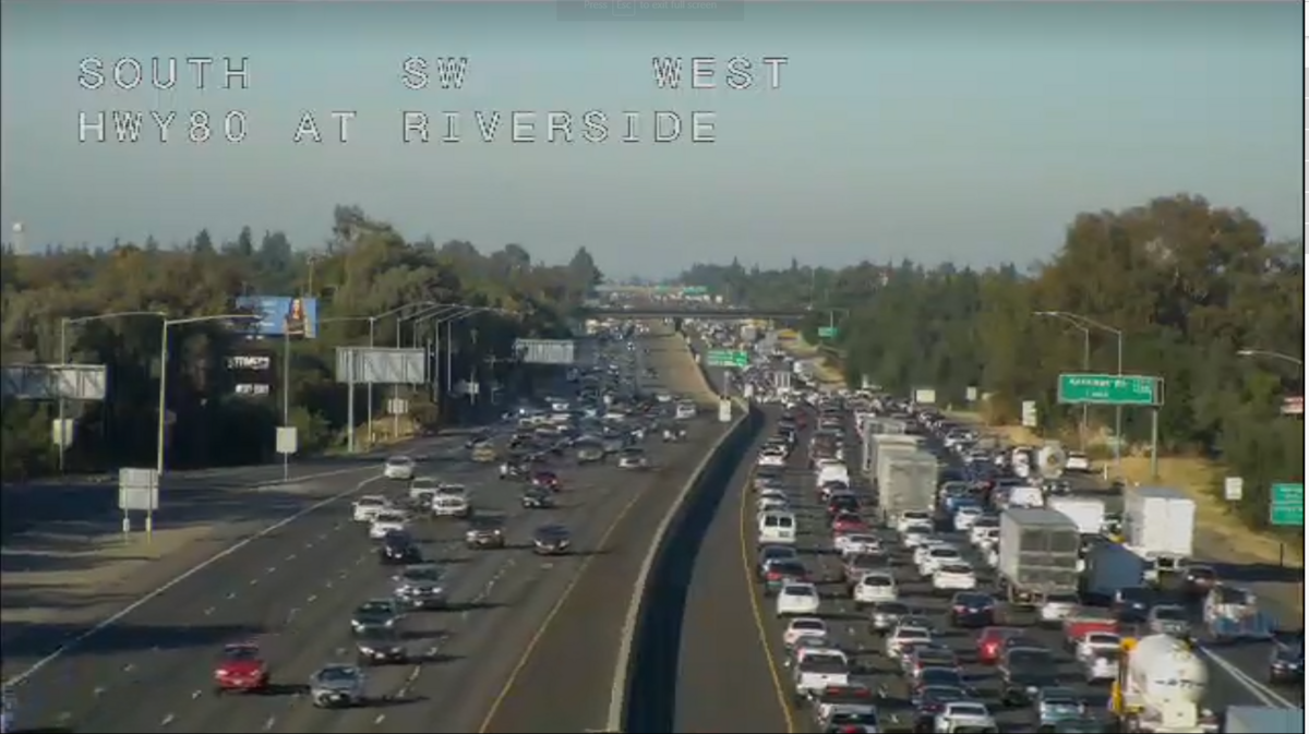 A screen shot of the Caltrans live traffic camera at I-80 at Riverside shows congestion caused by a five-vehicle crash early Tuesday morning.