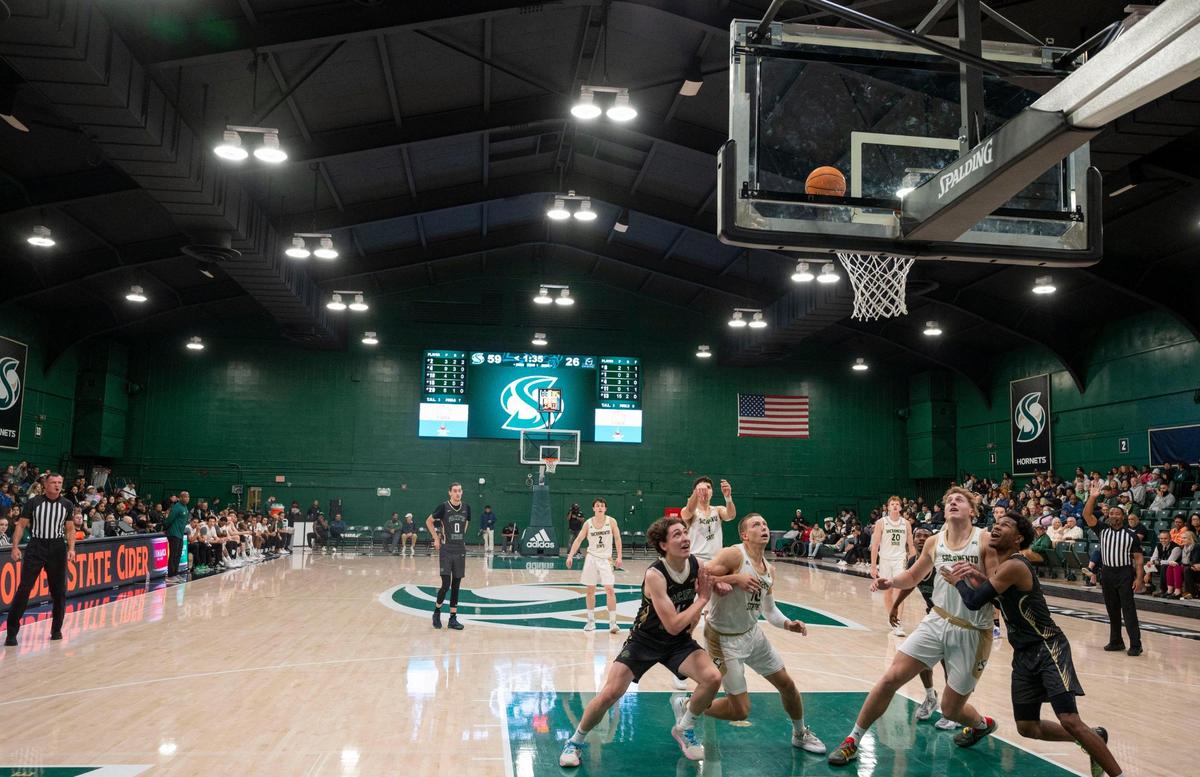 Sacramento State plays a 2023 men’s basketball game against the Pacific Union Pioneers in The Nest. The outdated 1,000-seat venue will be replaced by The Well. 