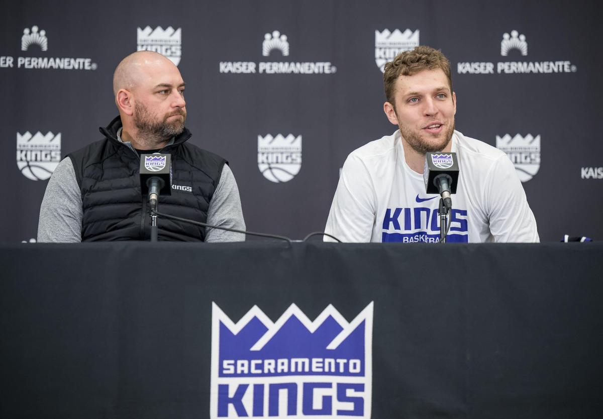 Sasha Vezenkov, right, and general manager Monte McNair answer questions as Vezenkov is introduced as a new Sacramento Kings NBA player during a press conference Thursday.