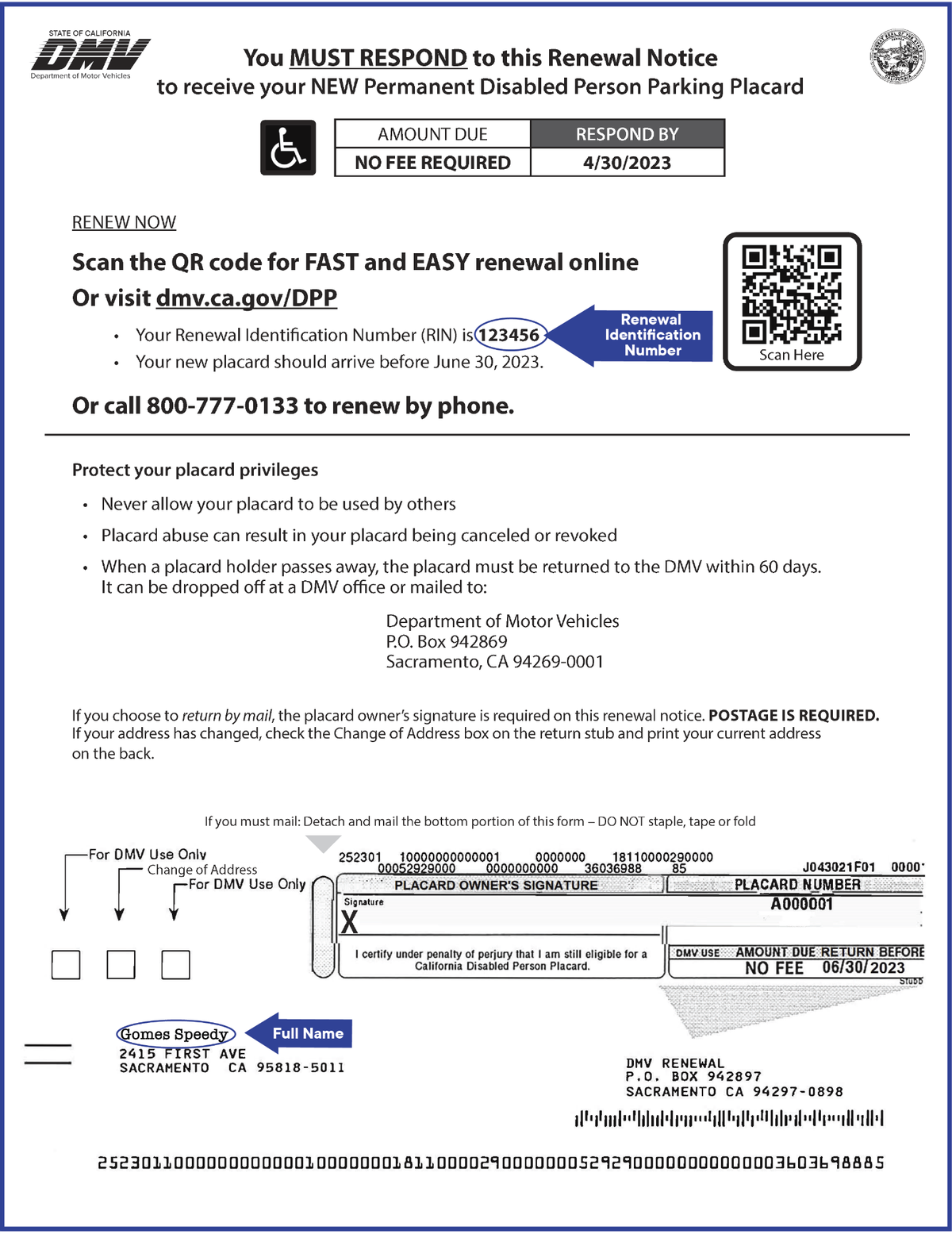 An image of a permanent disabled person parking placard renewal notice. Holders must respond to the form ahead of June 30 to receive an updated placard.