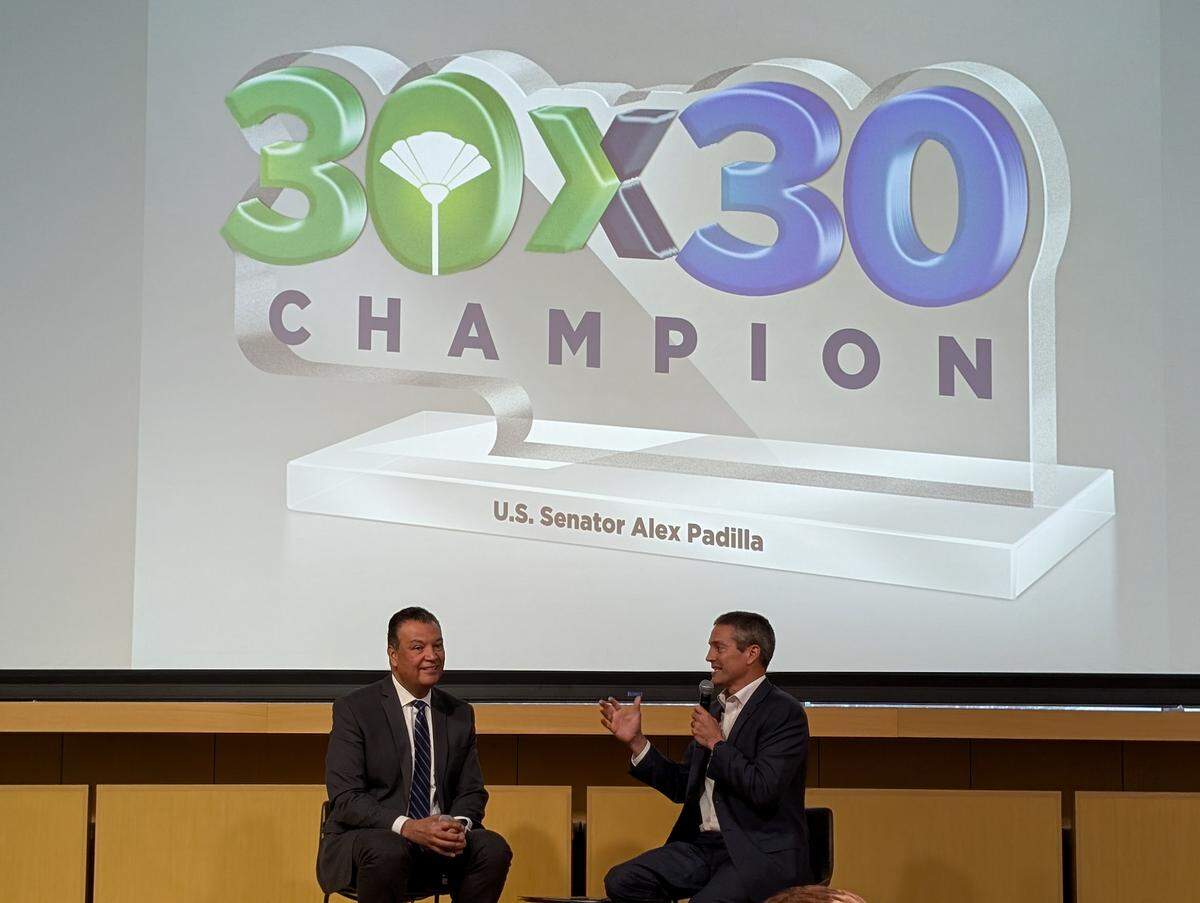 Sen. Alex Padilla and California Natural Resources Secretary Wade Crowfoot in conversation at the 30x30 Partnership 2024 Summit.